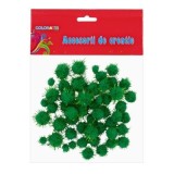 Accesorii creatie - Pom Pom, verde cu sclipici, 10-20mm, set 55 buc, Colorarte, MY26