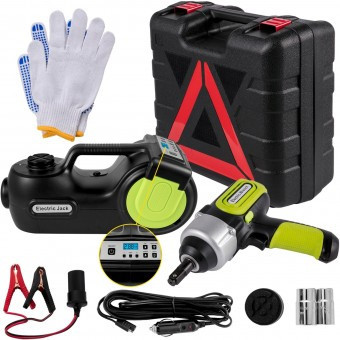 Kit cric hidraulic cu compresor si cheie electrica cu impact, 5 Tone, A12 V, Inaltime 155-420 mm, Lanterna foto