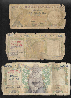 Set Grecia 50 + 100 + 1000 drahme drachmai 1935 uzate foto