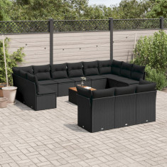 Set mobilier de gradina cu perne, 14 piese, negru, poliratan