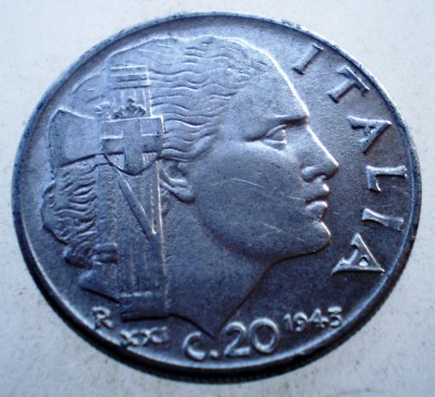 1.793 ITALIA WWII VITTORIO EMANUELE III 20 CENTESIMI 1943 R MAGNETIC foto