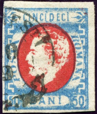 1872 , Lp 34 , Carol cu barba , 50 Bani rosu/albastru - stampilat , varietate! foto