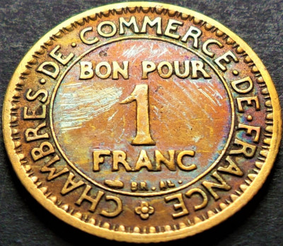 Moneda istorica (BUN PENTRU) 1 FRANC - FRANTA, anul 1922 * cod 4419 = excelenta foto