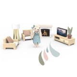 Set mobilier living casa papusi Speedy Monkey, lemn certificat FSC, multicolor, jucarie creativa copii +3 ani
