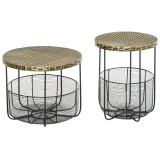 Masuta gradina/terasa/balcon, cu cos depozitare metalic, rotunda, negru si maro deschis, set 2 marimi