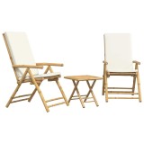 Set de bistro pliabil, 3 piese, cu perne alb crem, bambus
