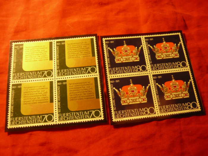 Serie Liechtenstein 1971 - Coroana Regala ,Constitutie , 2 val. in blocuri de 4