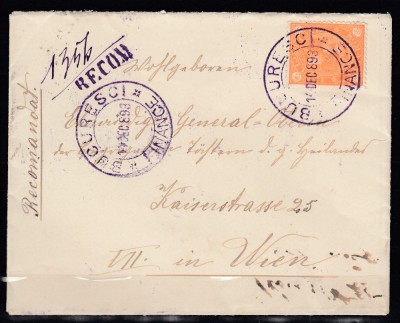 ROMANIA 1890/1891 REGELE CAROL I CIFRA IN PATRU COLTURI PLIC FRANCAT 50 BANI PORTOCALIU RECOMANDAT CIRCULAT BUCURESTI-VIENA 1893 foto