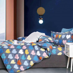 Lenjerie de pat pentru o persoana cu husa elastic pat si 2 fete perna dreptunghiulara, Galesnjak, bumbac mercerizat, multicolor
