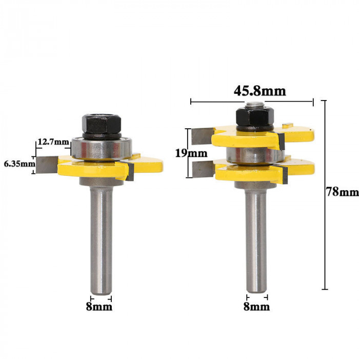 Set 2 freze lemn LAMBA SI ULUC, NUT si FEDER frezat imbinare lemn prindere 8mm