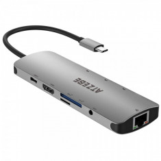 Hub Type-C 9 in 1 ATZEBE Card Reader cu 3 x USB 3.0, port HDMI, RJ45 si port Jack 3.5mm, space gray foto