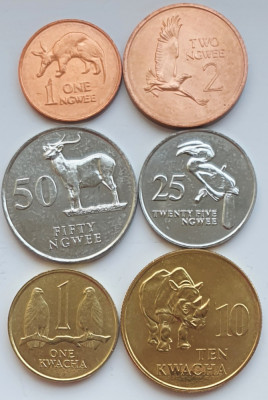 set 6 monede Zambia 1, 2, 25, 50 ngwee, 1, 5 Kwacha 1983 - 1992 UNC - A024 foto