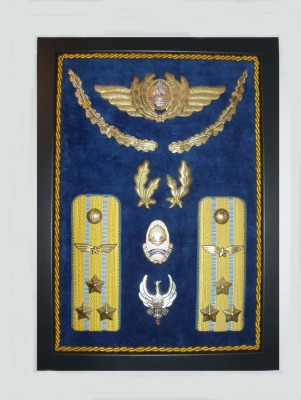 PANOU CU SET COMPLET DE EPOLETI, PETLITE, COIFURA COLONEL AVIATIE,1980 ...