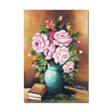 Tablou pictat manual, Vaza cu trandafiri si carti, 50x35cm ulei pe panza, gata de agatat pe perete