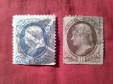 2 Timbre SUA 1870 stampilate , B.Franklin si F.Jefferson , 1c si 10c ,defecte dantelura