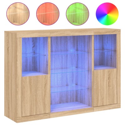 Servanta cu lumini LED, 3 buc., stejar sonoma, lemn prelucrat foto