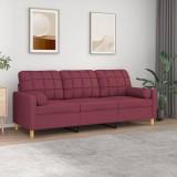 VidaXL Canapea cu 3 locuri cu pernuțe, roșu vin, 180 cm, textil 3200796