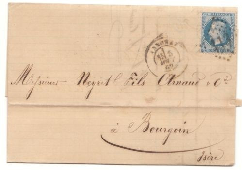 France 1869 Cover + Content Yv.29B Annonay to Bourgoin D.421