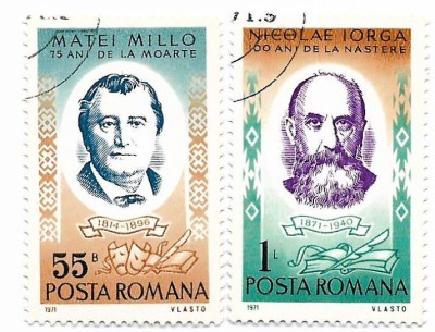 Romania (424) - Aniversari III - M. Millo si N. Iorga, 1971 - serie obliterata foto