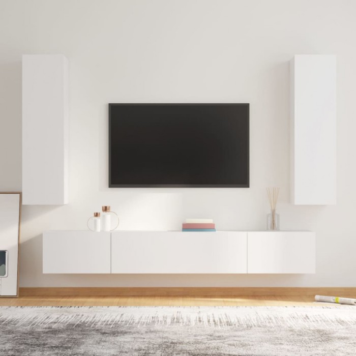 Set dulap TV, 4 piese, alb, lemn prelucrat