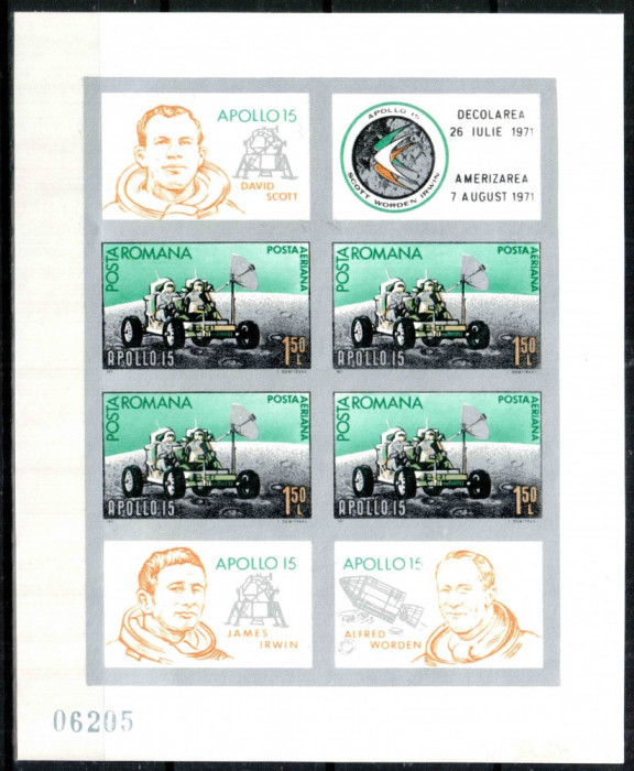 Romania 1971, LP 772 b, Apollo15, bloc nedantelat, MNH! RAR!!!