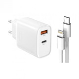 Incarcator priza USB type C + USB-A 5A/30W + cablu USB type C - Lightning Alb, XO L116, Oem