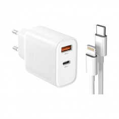 Incarcator priza USB type C + USB-A 5A/30W + cablu USB type C - Lightning Alb, XO L116