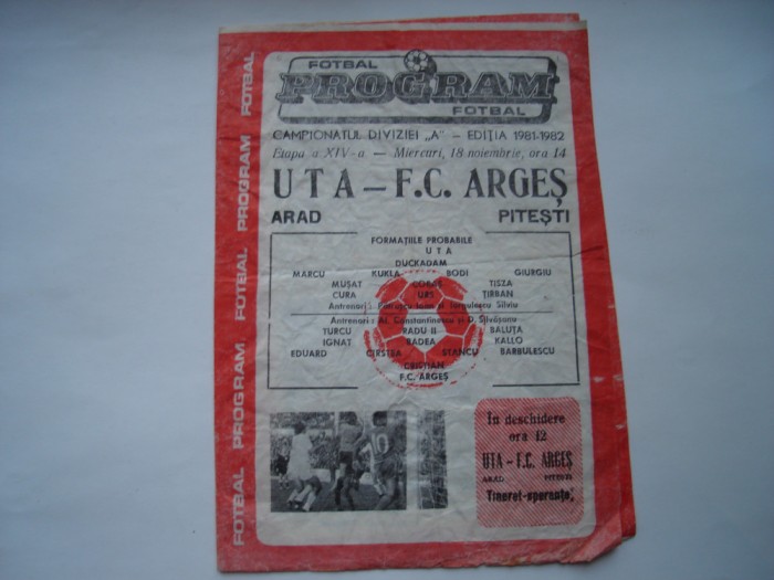 Program UTA Arad - F.C. Arges Pitesti, 18 noiembrie 1981-1982