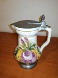 Ulcior german vechi de colectie ceramica pictat manual urcior de bauturi carafa de bere cu capac de cositor