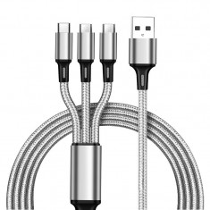 Cablu incarcare rapida 3in1, Nylon, USB/MicroUSB/Lightning/USB-C, 3A, 120 cm, Argintiu