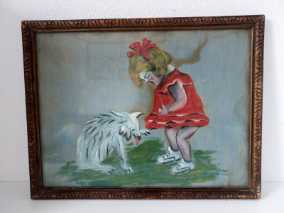Tablou vechi fetita cu caine, pictura pe panza, rama lemn + sticla, 41x31cm foto