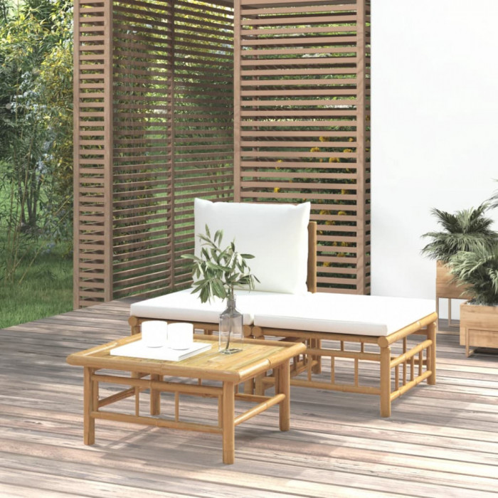 Set mobilier de gradina, cu perne alb crem, 3 piese, bambus GartenMobel Dekor