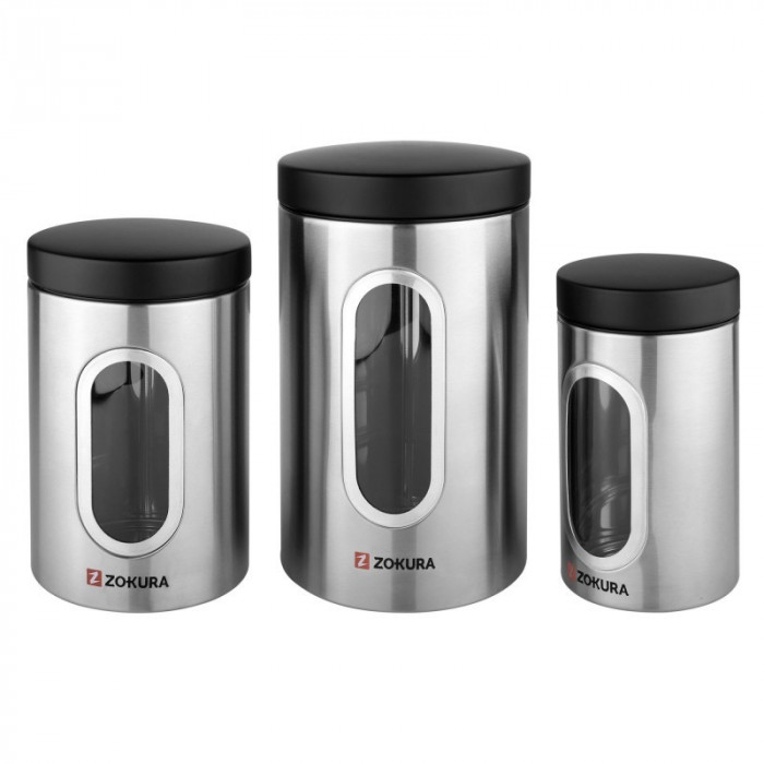 Set 3 recipiente depozitare Zokura, 800/1500/2600 ml, inox, Argintiu