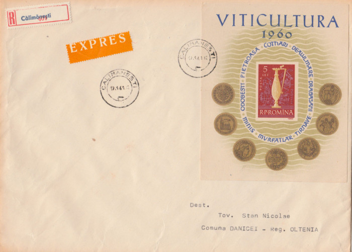 1961 Romania - Plic filatelic circulat cu colita nedantelata Viticultura LP 512