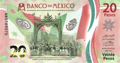 !!! MEXIC - 20 PESOS 2021 - P NEW - UNC / SEMNATURA 2 / SERIA AF / POLIMER foto