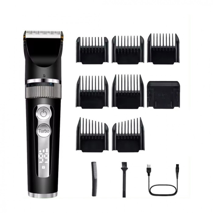 Masina de Tuns si Aparat de Ras si Barbierit Parul si Barba, Profesionala, Electric, Lame din Ceramica, Afisaj LED, 3 Viteze, Turbo, 5 Nivele de Regla