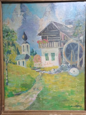 Peisaj Casa cu flori si moara de apa, semnatura indescifrabila, 30x29 cm, ulei foto