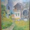 Peisaj Casa cu flori si moara de apa, semnatura indescifrabila, 30x29 cm, ulei