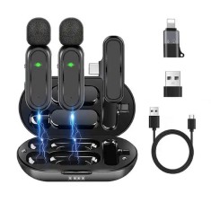 Set 2 Microfoane Lavaliera Wireless ENZIRO?, Plug and Play, Voce Clara, Reducere Zgomot Ambiental, Omnidirectional, Type C, Adaptor Apple si USB, Dime foto