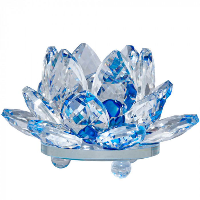 Lotus albastru, decoratiune din cristal de sticla tip nufar, amuleta pentru armonie, 8 cm