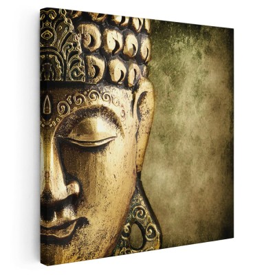 Tablou canvas portret statuie Buddha detaliu, auriu 1307 Tablou canvas pe panza CU RAMA 100x100 cm foto