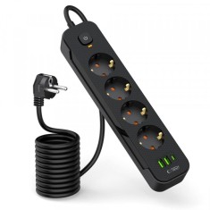 Prelungitor Tech-Protect PCL4X3, 10.5W, 2.1A, 2 x USB-A - 1 x USB-C - 4 x Schuko, Negru