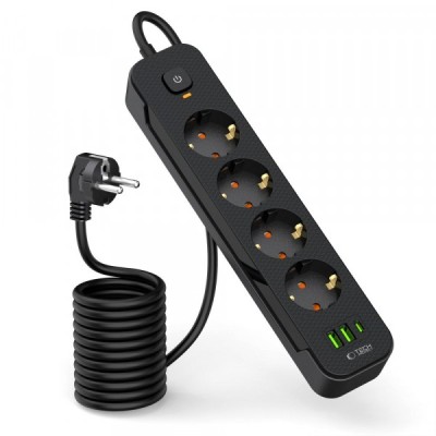 Prelungitor Tech-Protect PCL4X3, 10.5W, 2.1A, 2 x USB-A - 1 x USB-C - 4 x Schuko, Negru foto