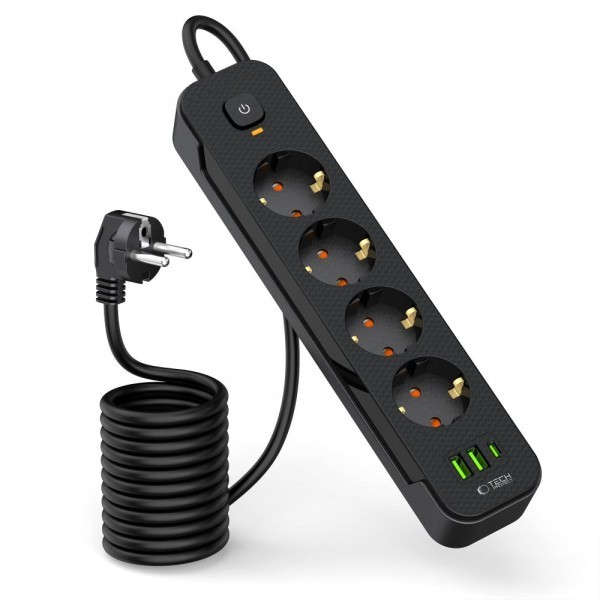 Prelungitor Tech-Protect PCL4X3, 10.5W, 2.1A, 2 x USB-A - 1 x USB-C - 4 x Schuko, Negru
