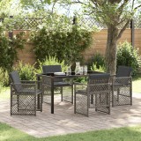 Set de masa pentru gradina Gossi cu 5 piese si perne gri din ratan poli, masa de gradina Gossi neagra 140x80x73 cm din sticla temperata