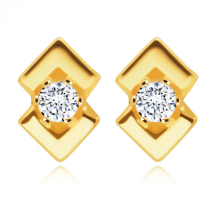 Cercei din aur galben 585 - diamante rotunde, două triunghiuri strălucitoare
