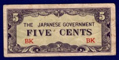 (1) BANCNOTA BURMA - 5 CENTS ND (1940), INVAZIA JAPONEZA