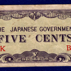 (1) BANCNOTA BURMA - 5 CENTS ND (1940), INVAZIA JAPONEZA