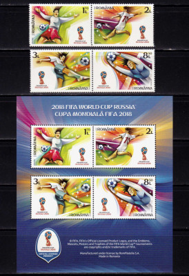 RO 2018 ,LP 2197+a ,&amp;quot;Cupa Mondiala FIFA 2018 - Rusia&amp;quot;,serie+colita 734 ,MNH foto