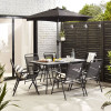 Set Gradina 8 Piese: Masa Sticla, 6 Scaune Pliabile, Umbrela, Metal/Textil Gri/Negru. Mobilier Exterior Terasă Rezistent UV/Inghet